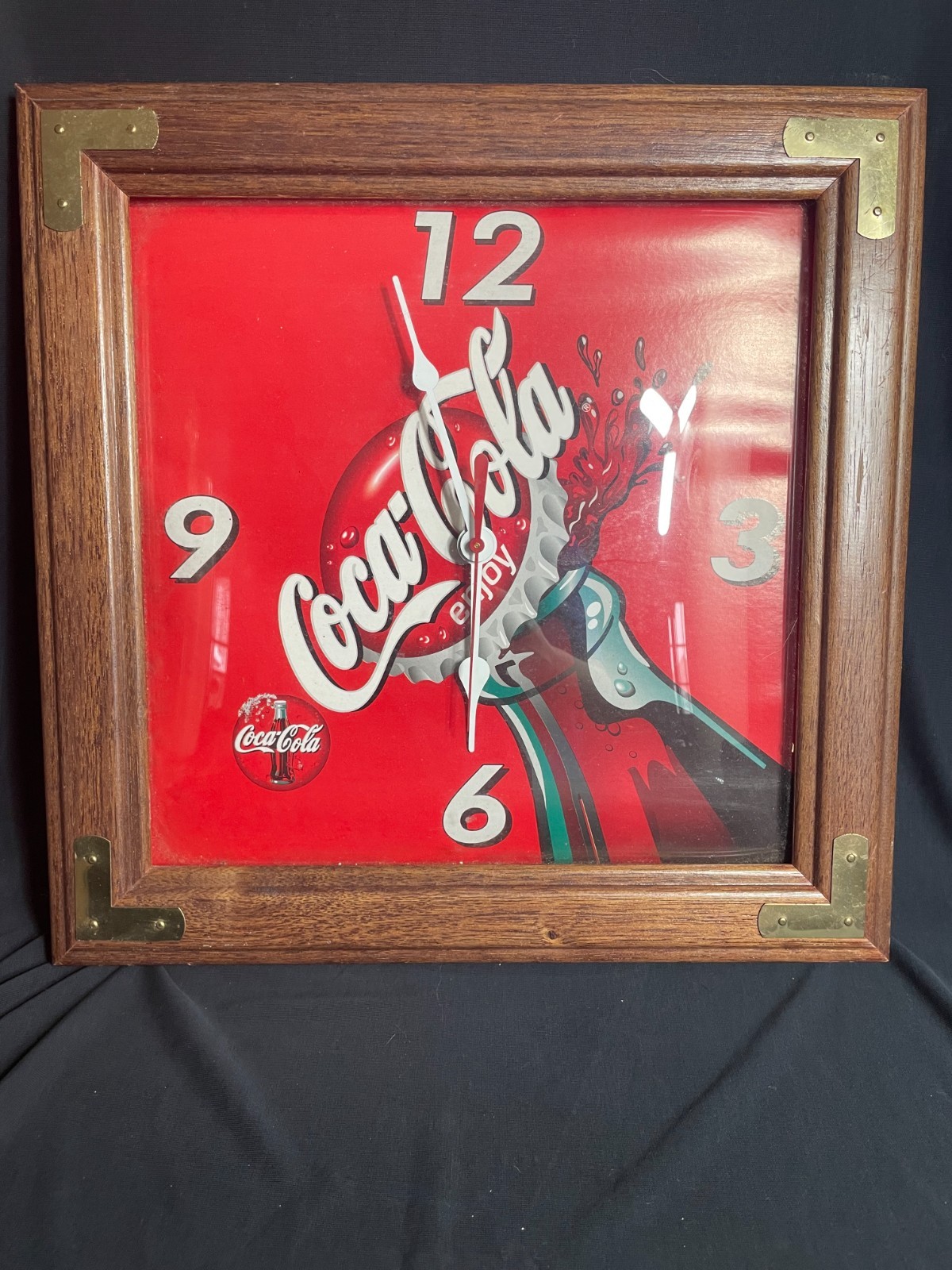 Vintage 90's Wood/Glass/Quartz Coca-Cola Coke wall clock 14"