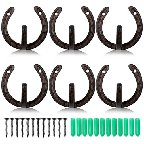 6 Pack Vintage Cast Iron Hooks, Horseshoe Heavy Duty Wall Hooks with Screws,
