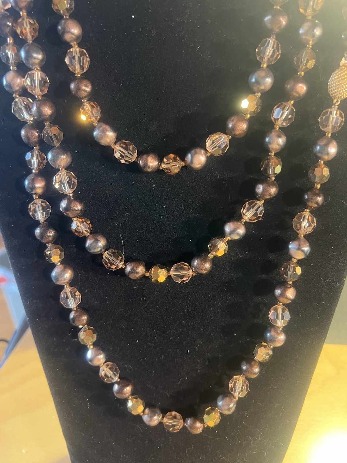 Vintage glass Beaded signed Marcella Necklace xtra  Long 60” Brown Copper Color 