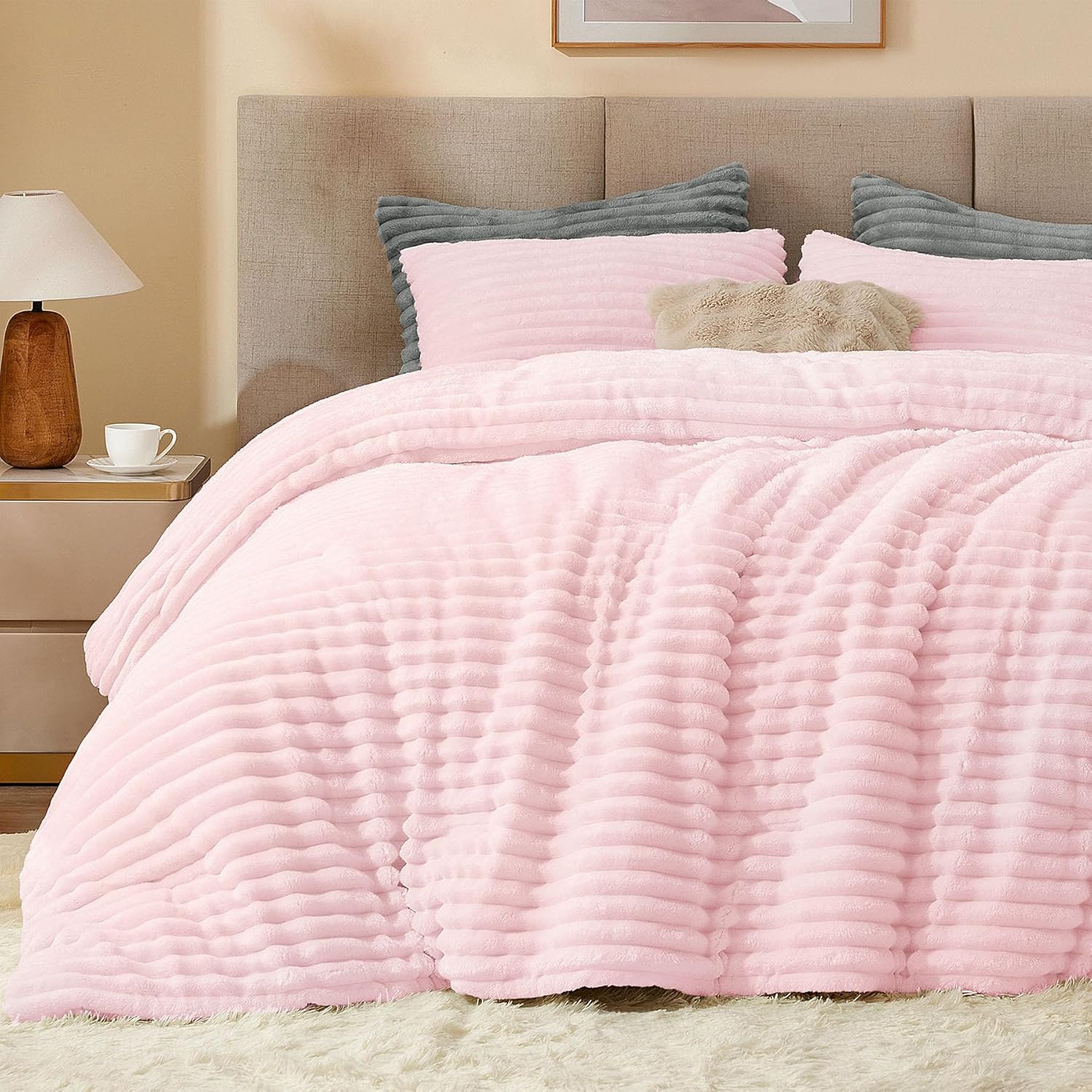 Fleece Queen Comforter Set -Super Soft & Warm Fluffy Cherry Blossom Bedding, Lux