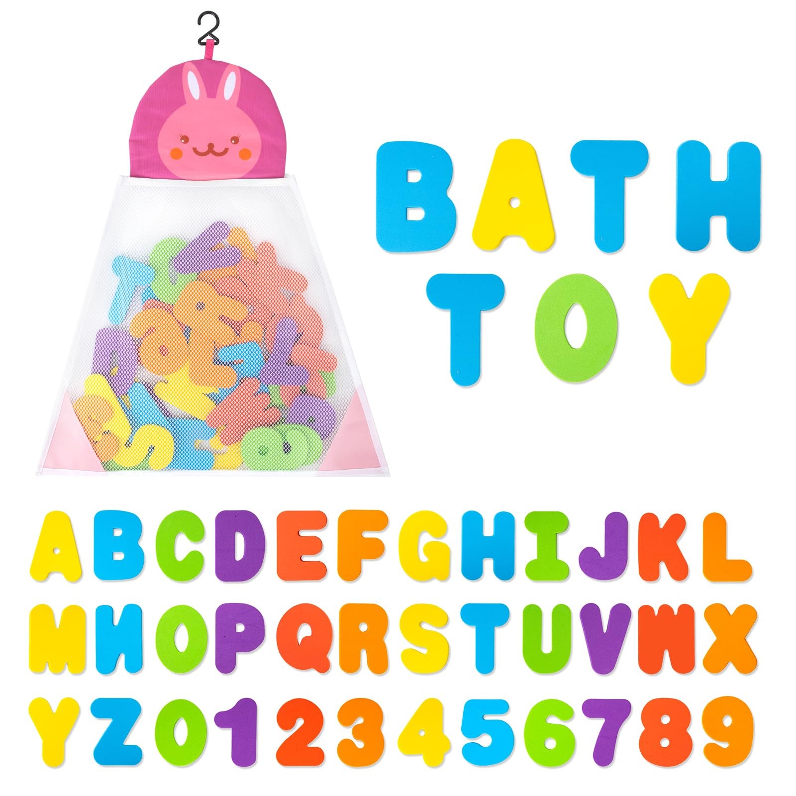 Bath Toys Organizer + 36 Soft Foam ABC 123 Letters & Numbers Bathroom Alphabe...