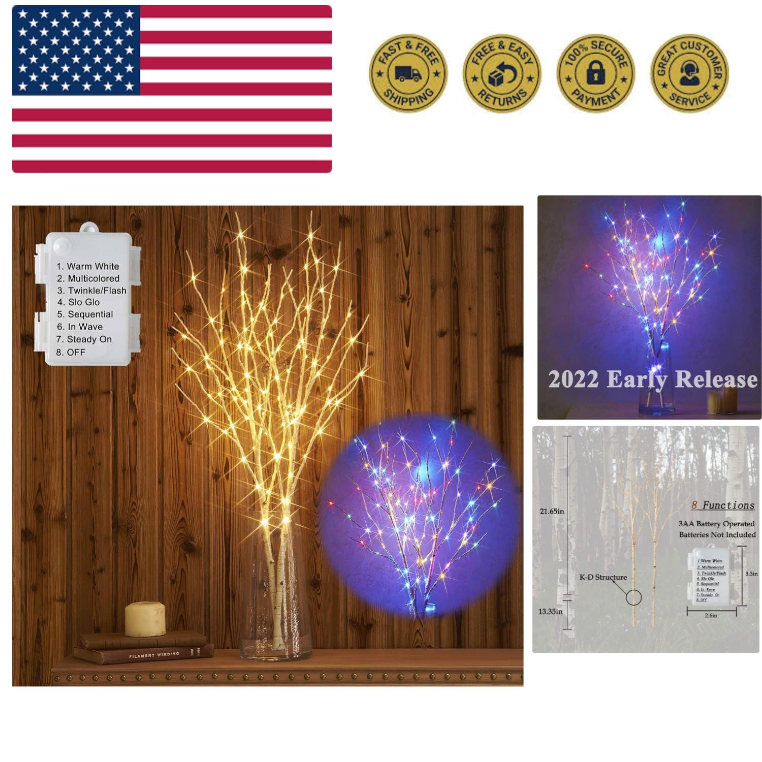 Lighted Birch Branches Battery Operated with 8 Functions 100 Multi Color and ...