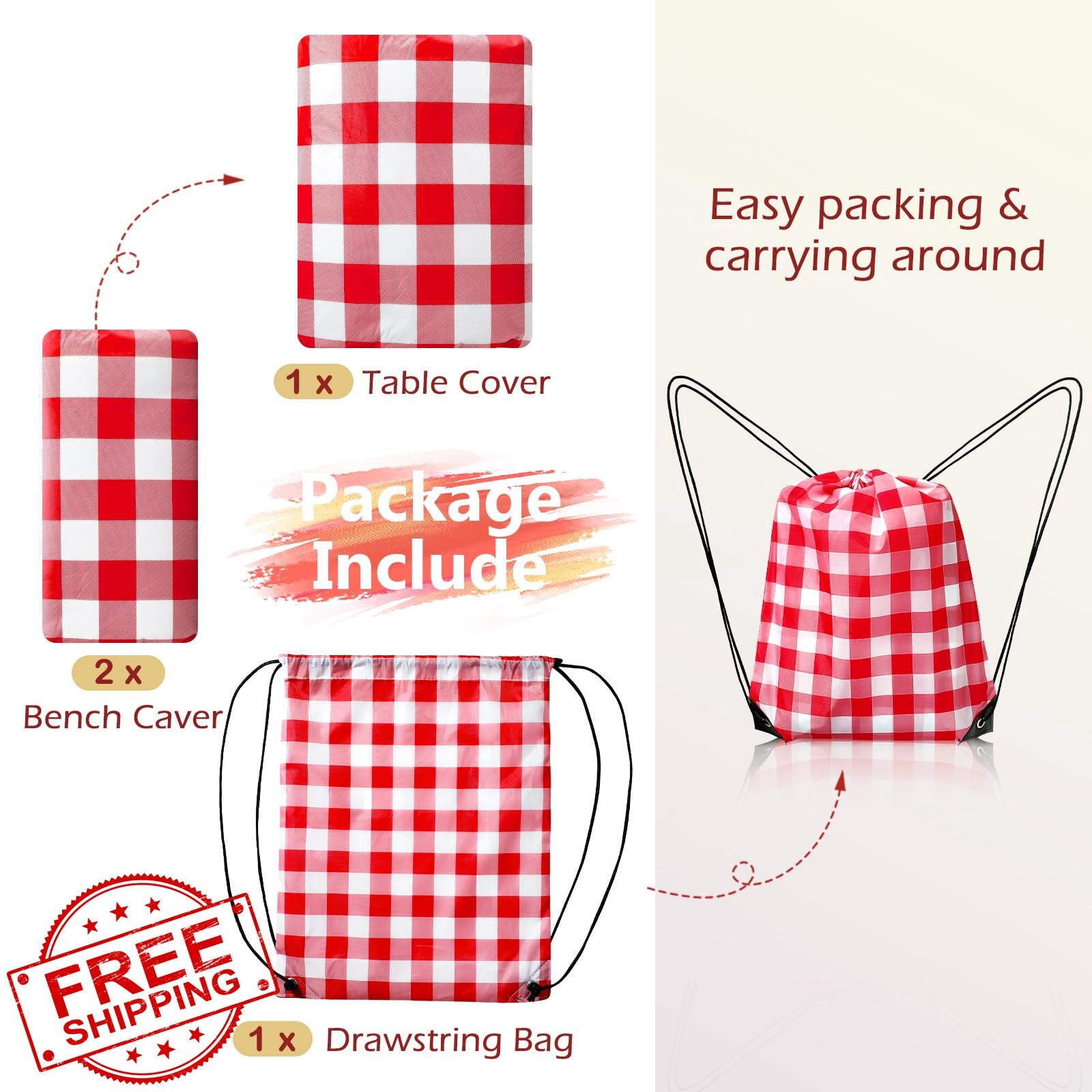 Nimalpal 3pc Picnic Table Cover Set 72x30 Inch Red Camping Bag Included