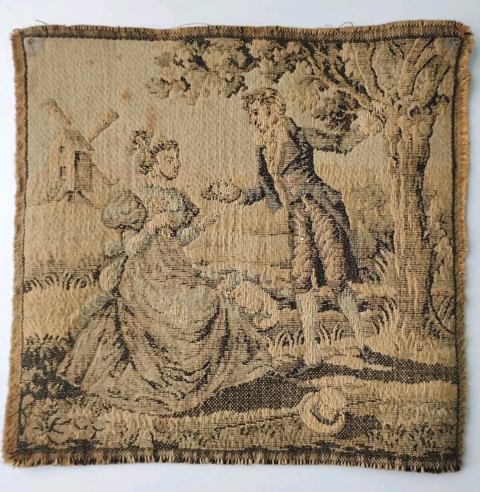 Antiq 19th Century French Tapestry Romantic Pastoral Scene Wall Decor 6.5"X 6.5"