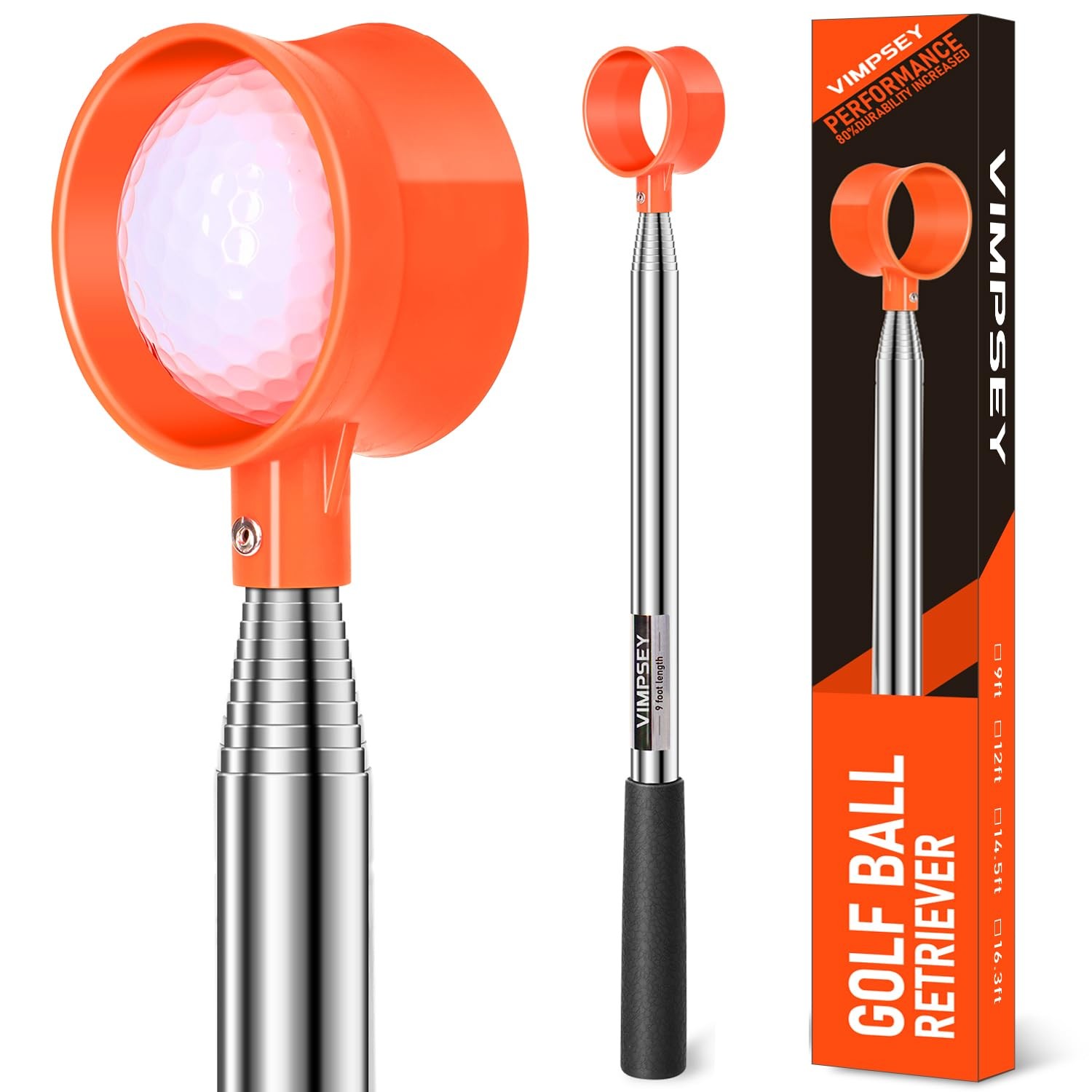 VIMPSEY 9Ft/12Ft/17Ft/20Ft Golf Ball Retriever for Water 12Ft, Orange 