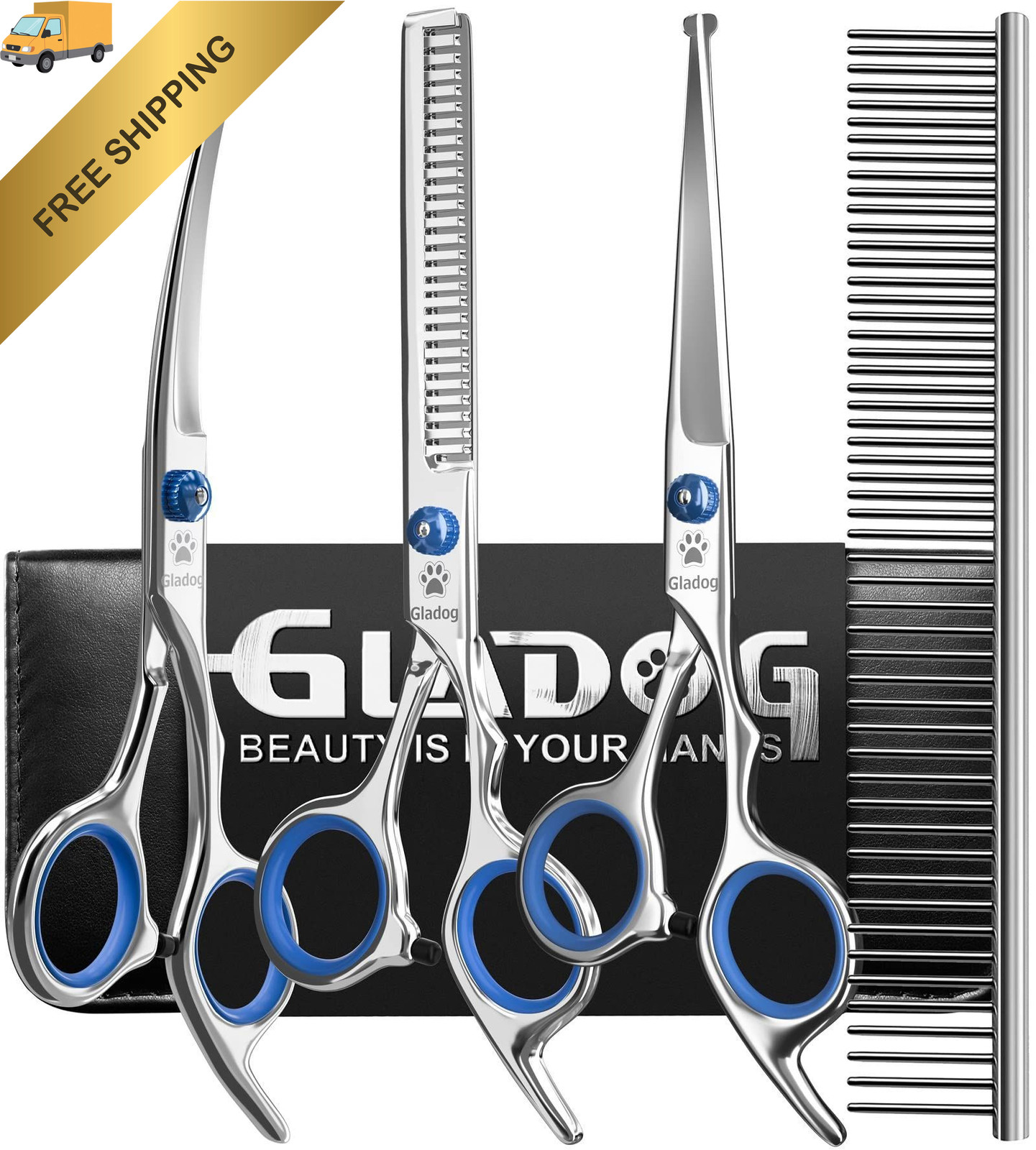 GLADOG Professional 5 in 1 Dog Grooming Scissors Set with 6.5 Inch, Blue 
