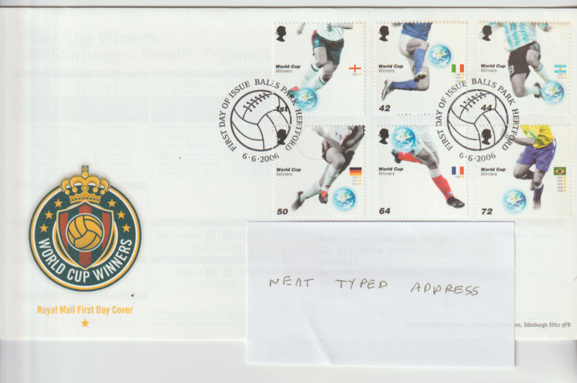 GB 2006 World Cup Winners FDC Hertford pmk typed address