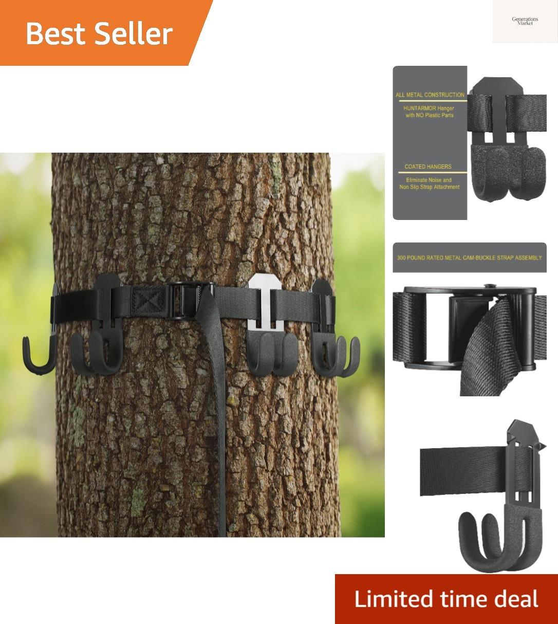 Treestand Strap Gear Hangers: Hunting Gear Multi-Hook Accessory Holder for Bo...