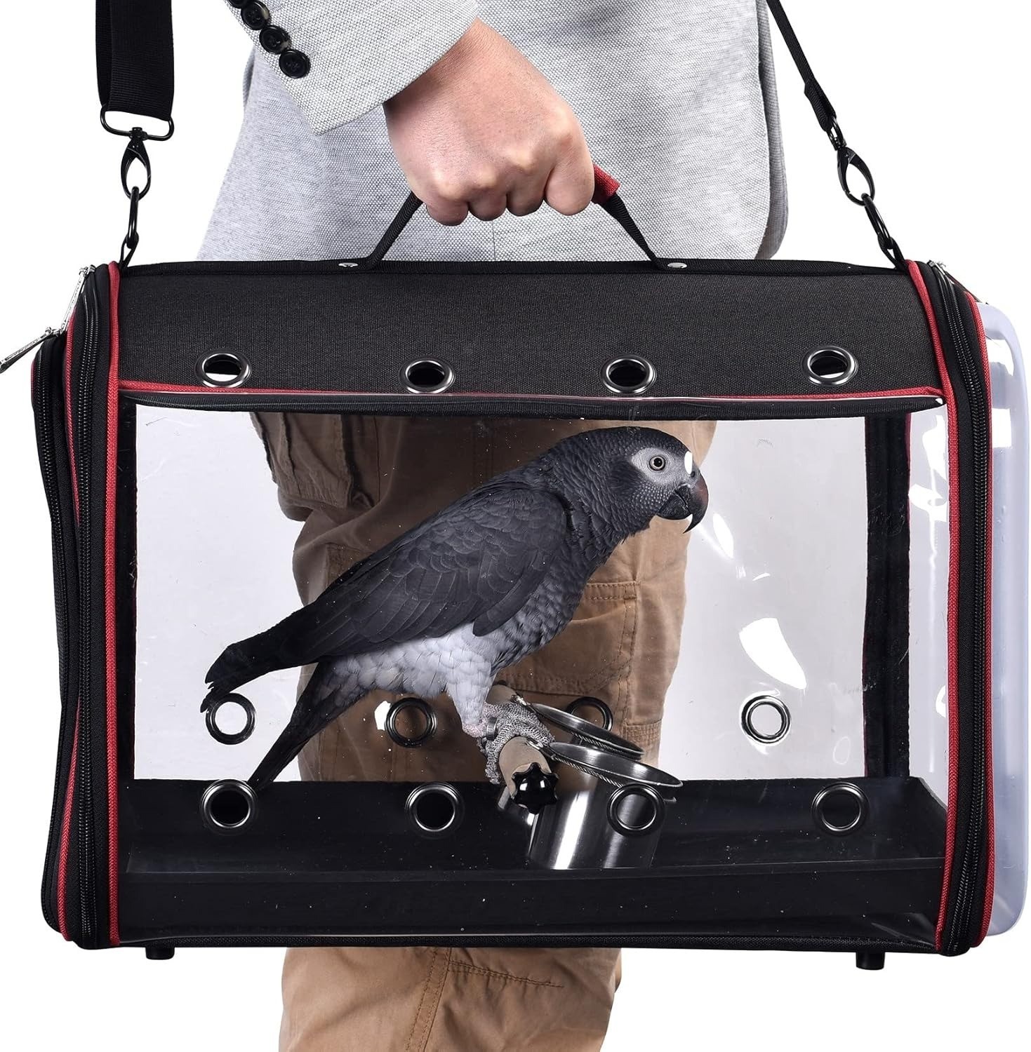 Large 19" Lightweight Bird Carrier- Travel Cage with Feeder Cups & Perch (Black)