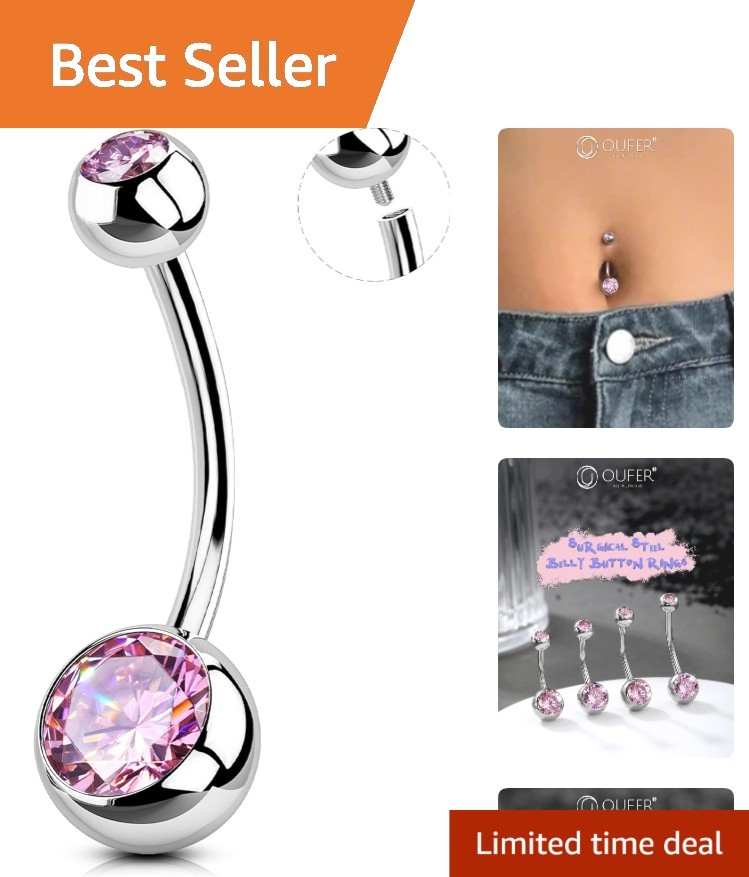 Fashionable Internally Threaded Belly Ring - 14G Stainless Steel & Pink Stone