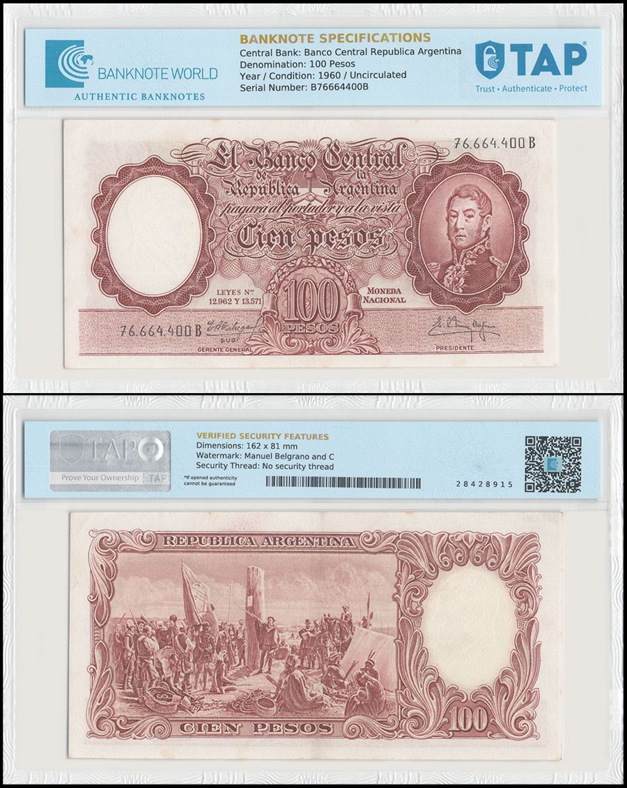 Argentina 100 Pesos, 1960 ND, P-272a.4, UNC, Authenticated