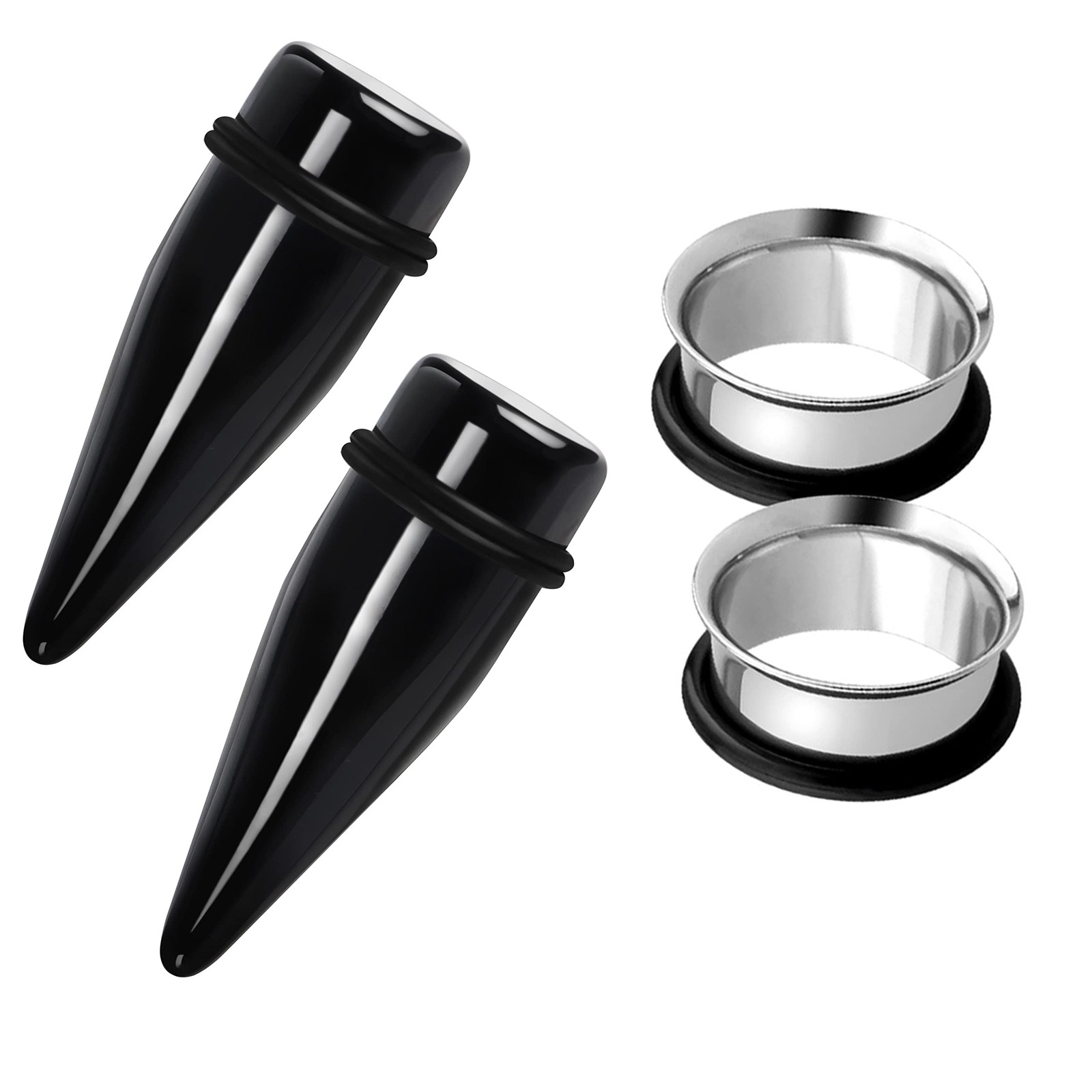 24mm Ear Tunnels Tapers 2 Pairs Black Acrylic and 316L Stainless Steel Plugs ...