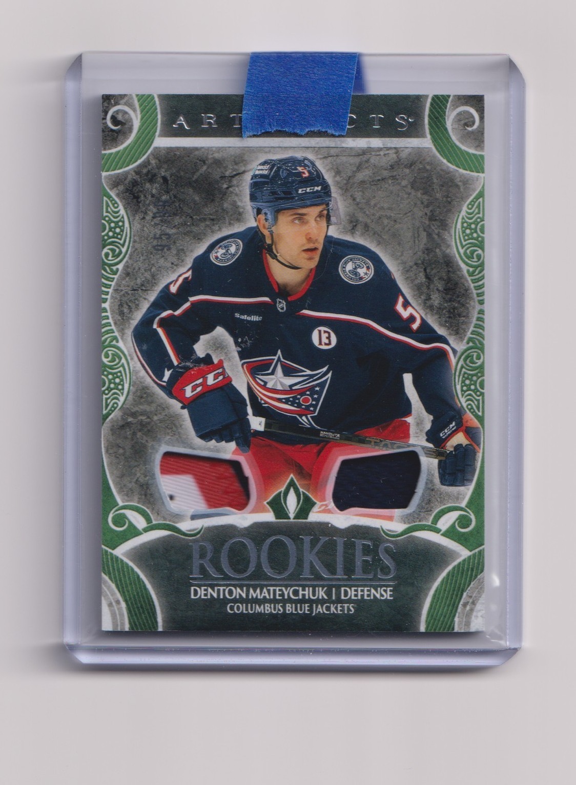 DENTON MATEYCHUK 2025 UD Artifacts Rookies Emerald 95/99 dual patch Blue Jackets