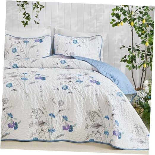  Floral Quilt Set Size, 3 Pieces Botanical Plants Pattern Bedspread King Blue