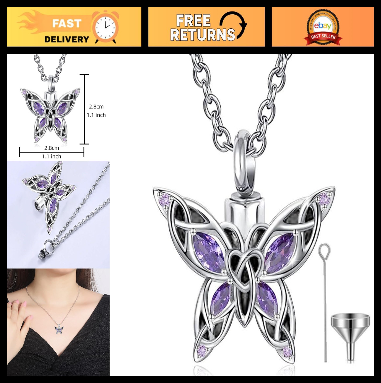 Cremation Butterfly Urn Necklace for Ashes - Stainless Steel Crystal Pendant Gif