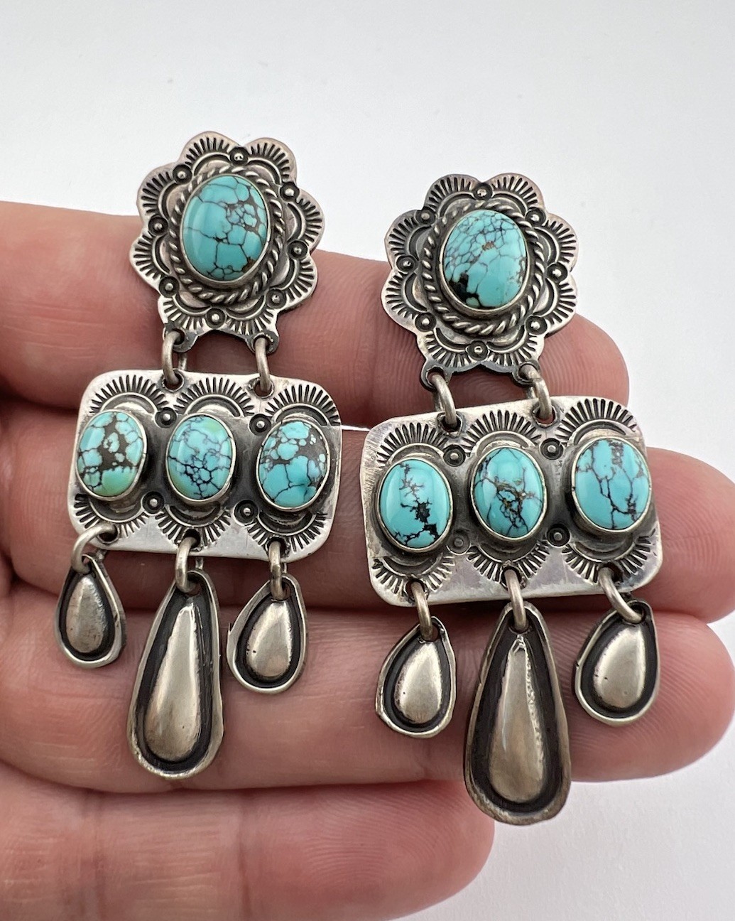 Vtg Navajo Sterling Silver Spiderweb Turquoise Stamped Dangle Post Earrings 2.5"