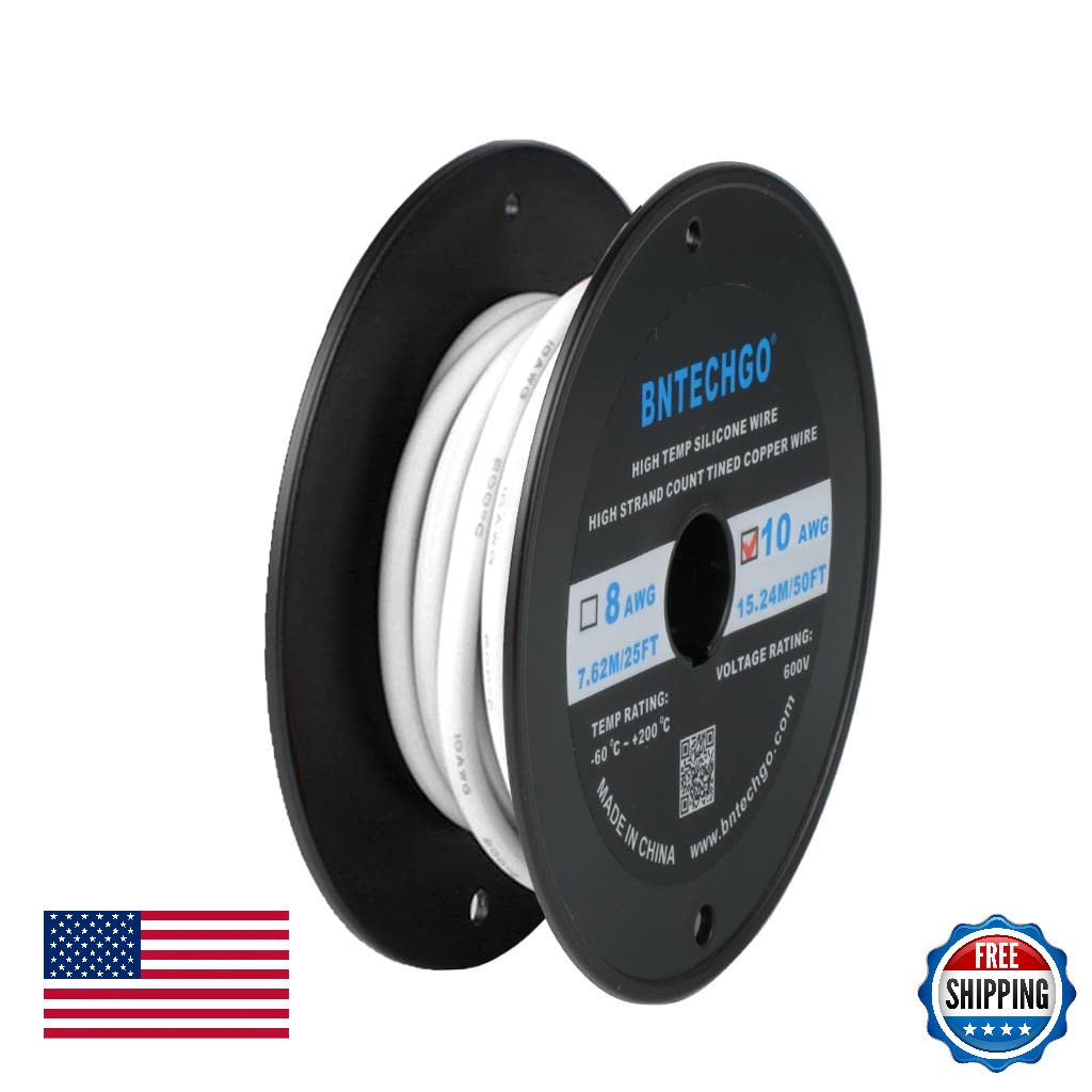 BNTECHGO 10 Gauge Silicone Wire Spool 50 ft White Flexible 10 AWG Stranded Tinne