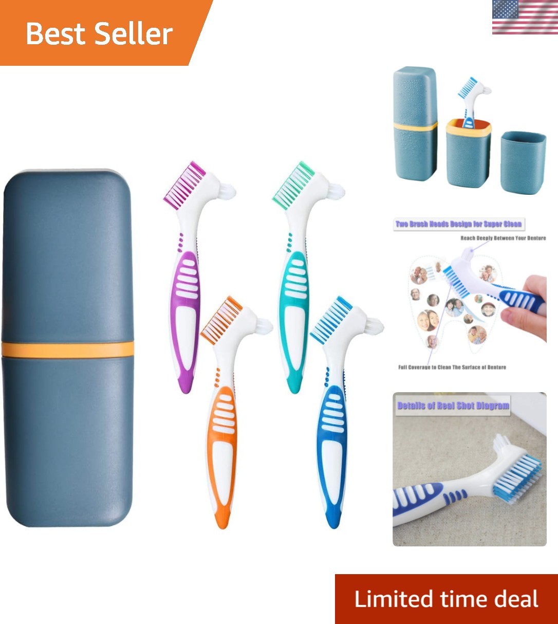 4Pcs Denture Brushes with Carrying Case, Hard Double Sided Denture Cleaning B...