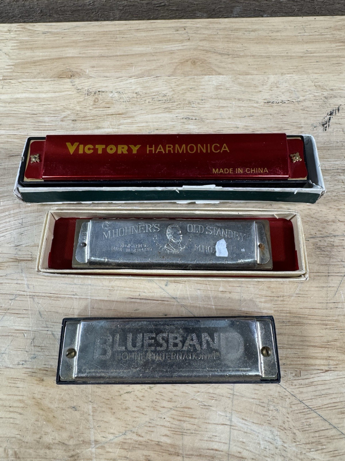 Vintage Estate Fresh Lot Of 3 Harmonicas M. Honhner Victory Blues Band
