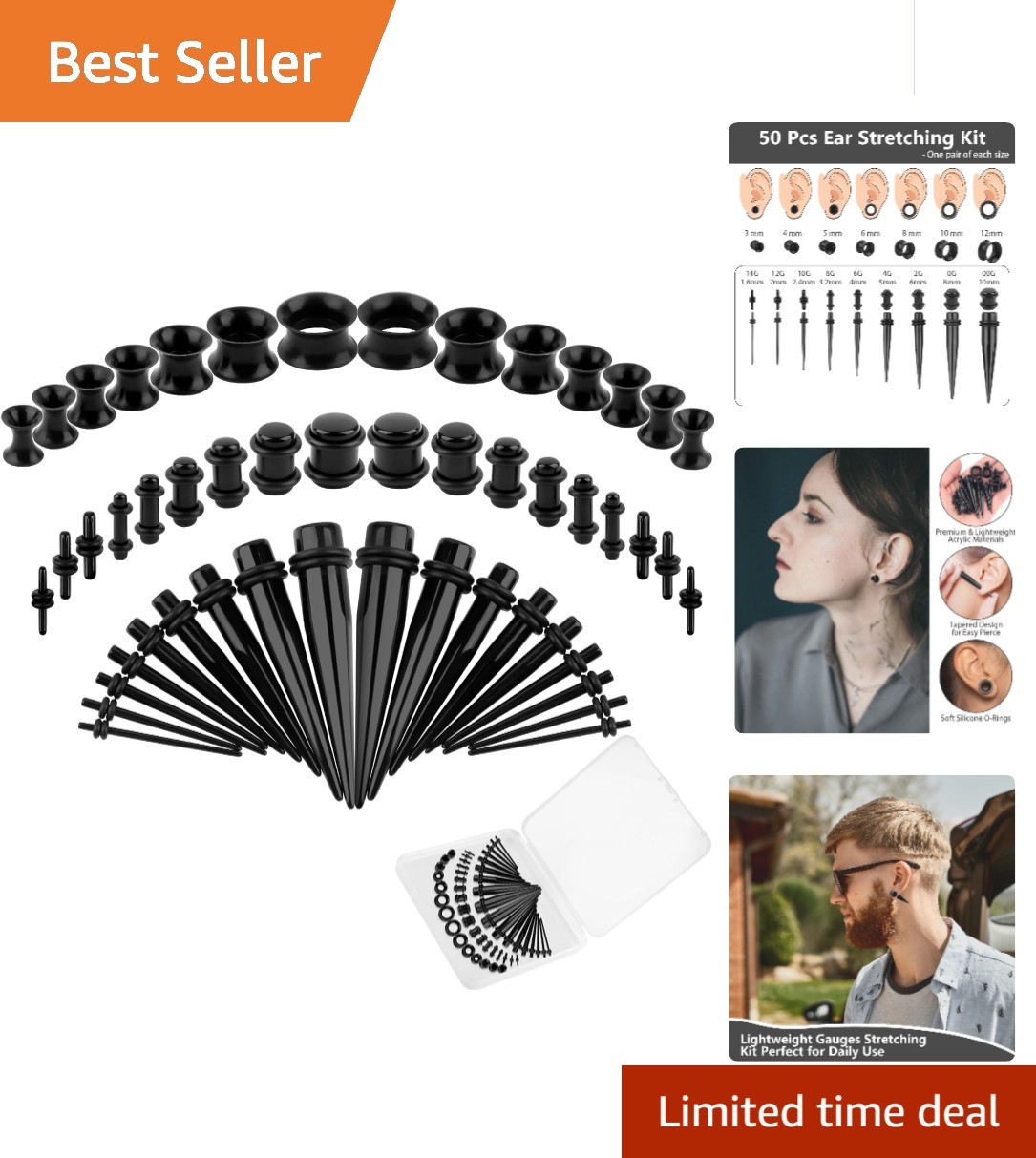 50 Pcs Ear Stretching Kit, Acrylic Gauges for Ears 14G-00G, Lightweight Taper...