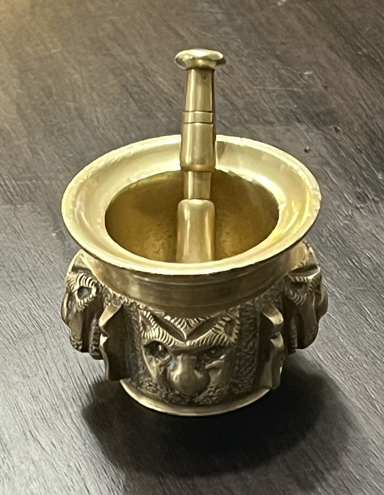 1800's FRENCH SOLID BRASS APOTHECARY MORTAR & PESTLE With THREE LION HEADS