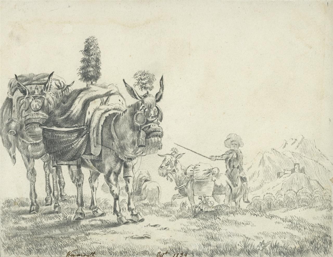 Donkeys In Mountain Scene Antique Pencil Drawing - C M Wild 1839