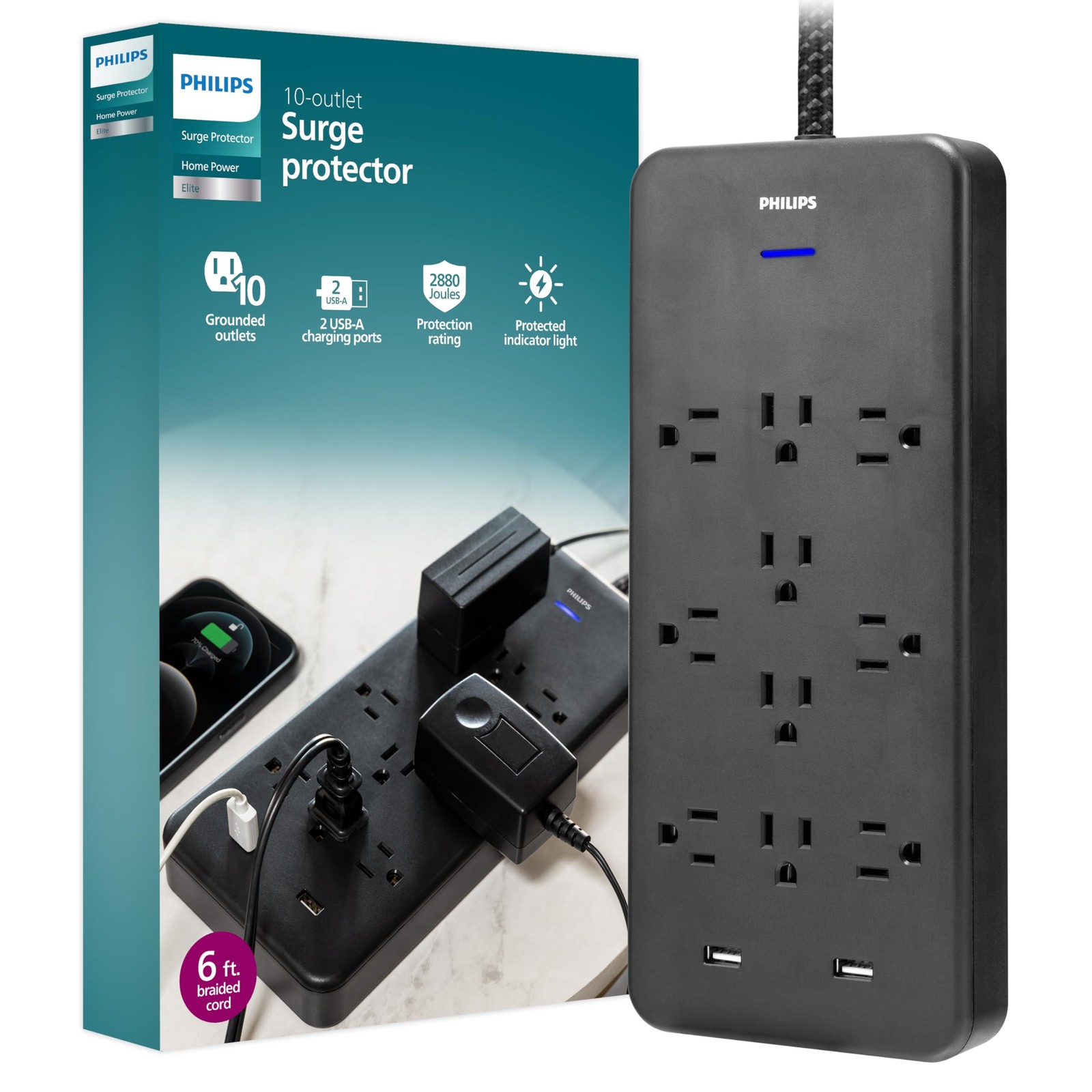 Philips EZFit 10-Outlet Surge Protector Power Strip, 6ft Braided Cord