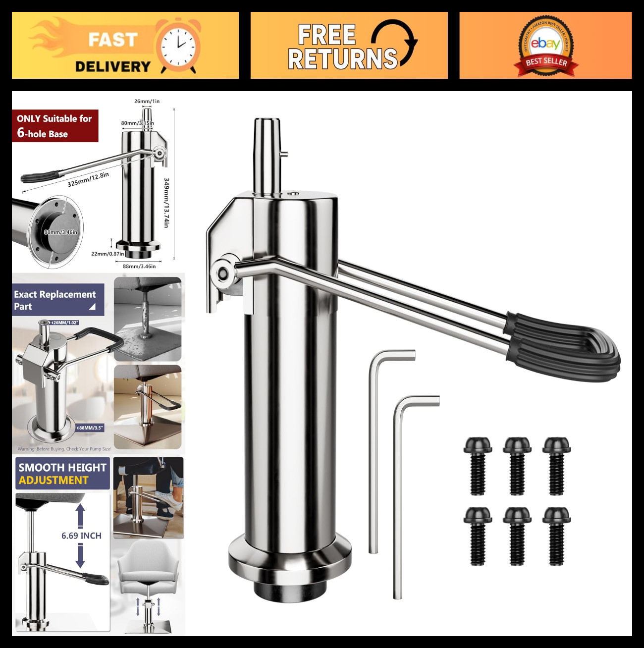 Adjustable Hydraulic Pump for Barber Chair - 6.7" Height, 440 Lbs Capacity, 6 Bo