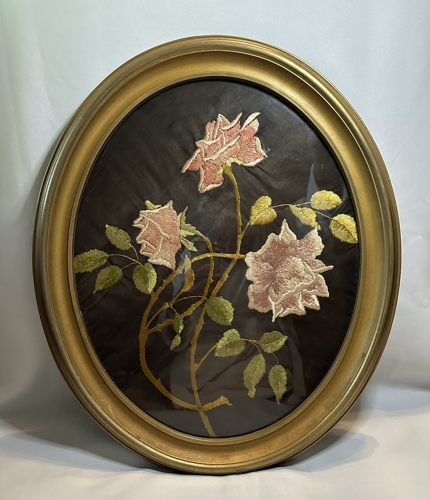Antique Rose Hand Embroidered Needlepoint Framed Art Oval Frame 23x19