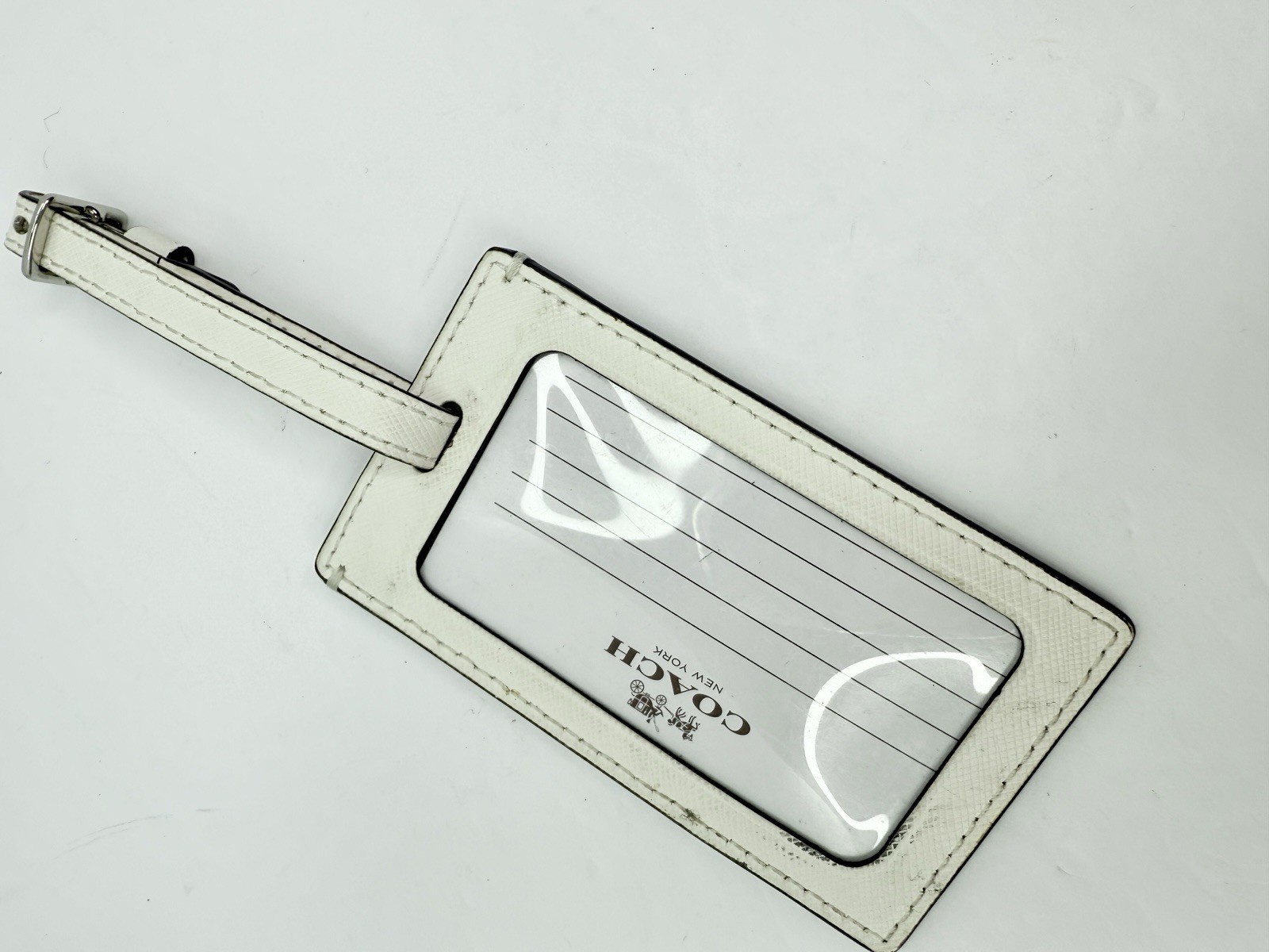 Coach Luggage Tag White with Silver Print Logo