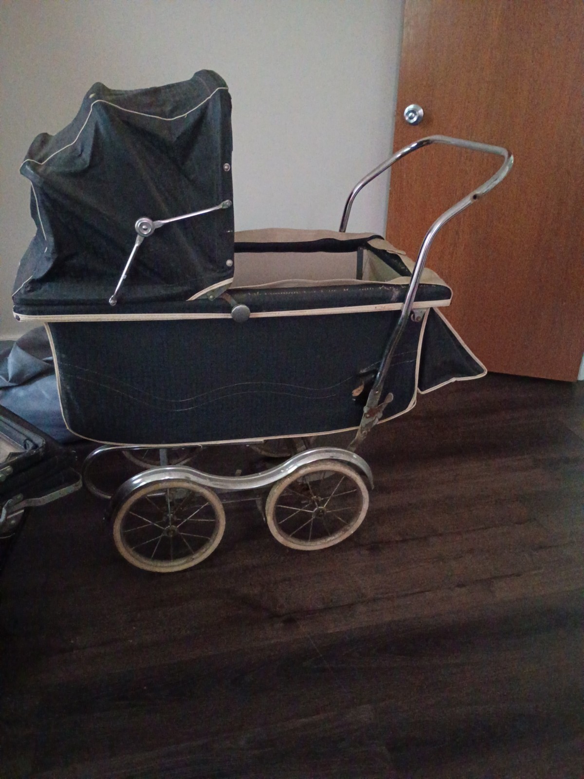 Vintage Baby Carriage Black Silver Metal Frame Large Wheels Fabric Classic Buggy
