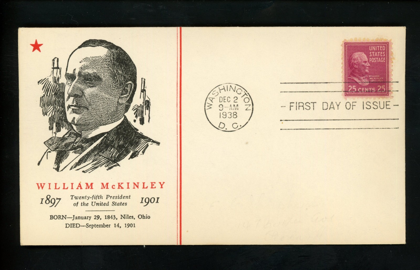 US FDC #829 Linprint M-2 1938 Washington DC 25c William McKinley Prexy Prexie 