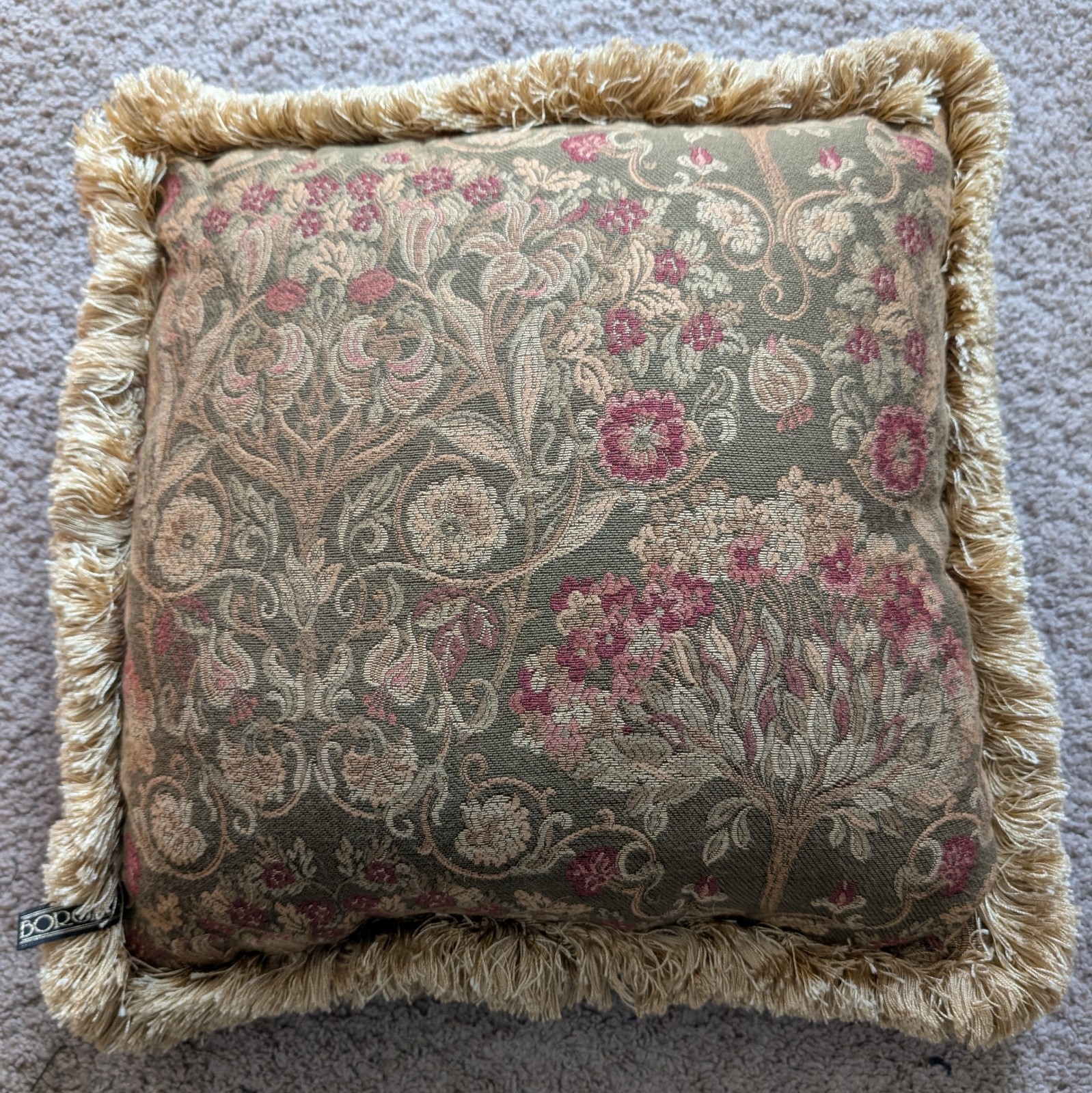 Borgata Tapestry Thick Fringe Throw Pillow Floral Green Cranberry Tan
