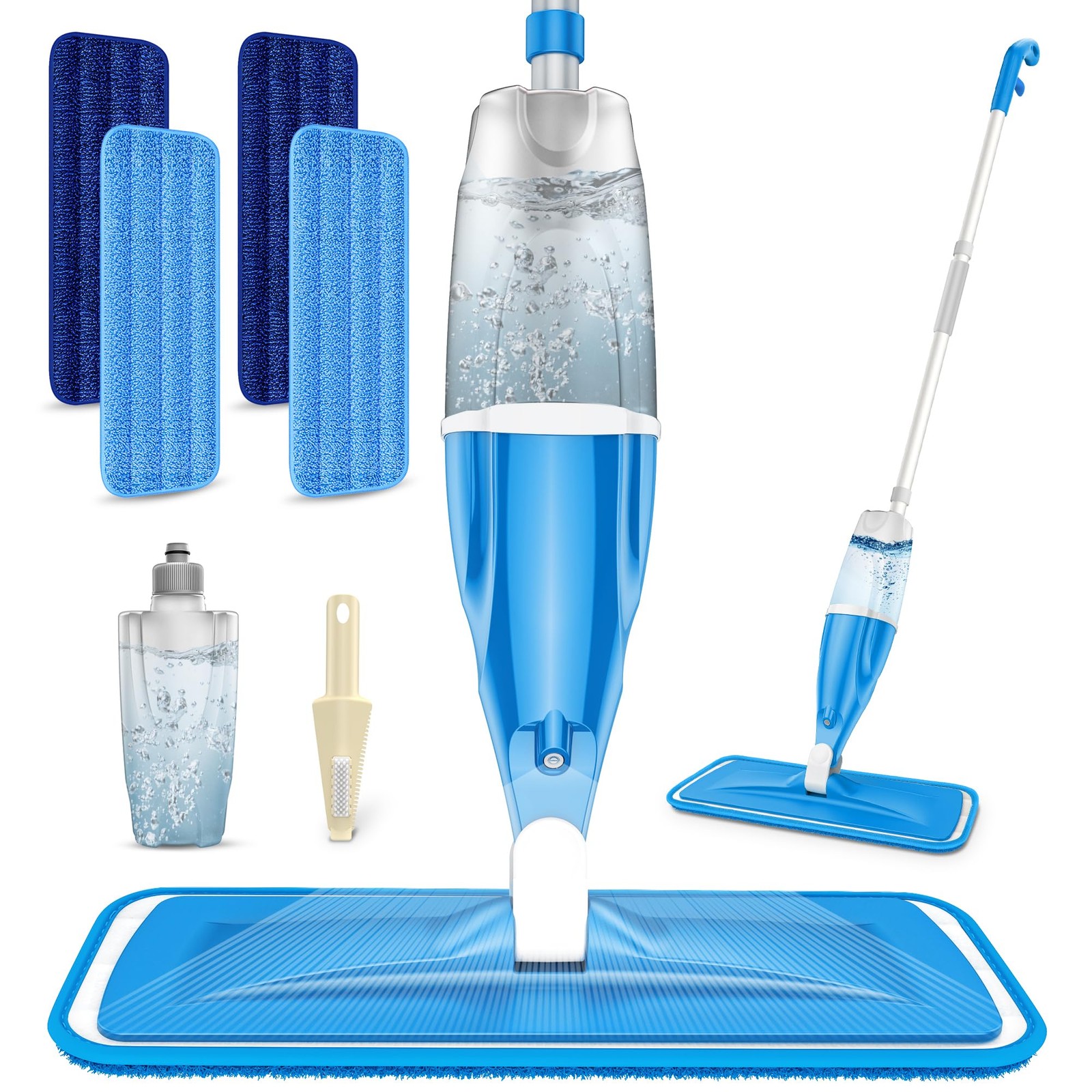 Spray Mop with 4 Washable Pads for Hardwood Floors - 440ml Blue Cleaning Mops