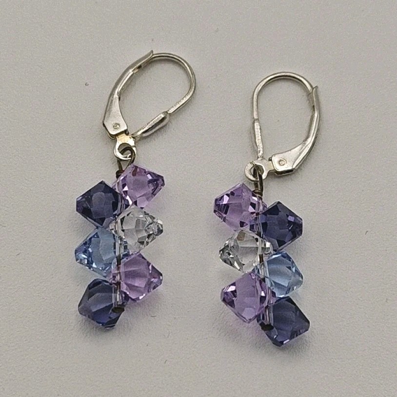 Sterling Silver 925 Crystal Bicone Beaded Dangle Drop Earrings Purple Blue Clear