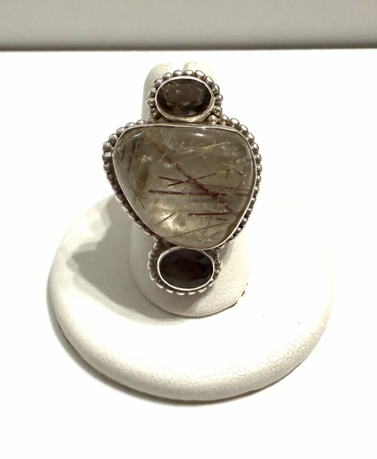 Sajen Sterling Rutilated And Smoky Quartz Adjustable Ring Sz 7.5