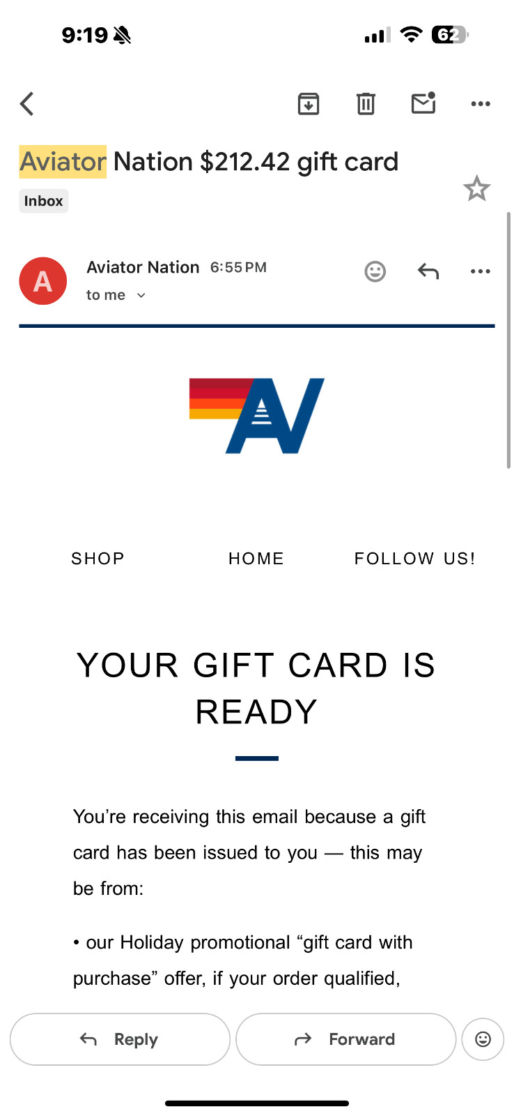aviator nation e-gift card $212.42