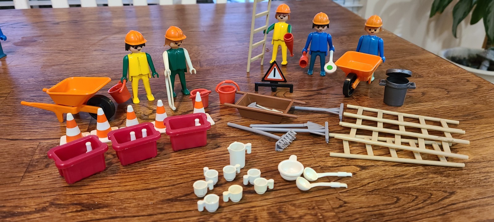 Vtg Lot Playmobil Construction Toys: People, Wheelbarrows Ladders Tools