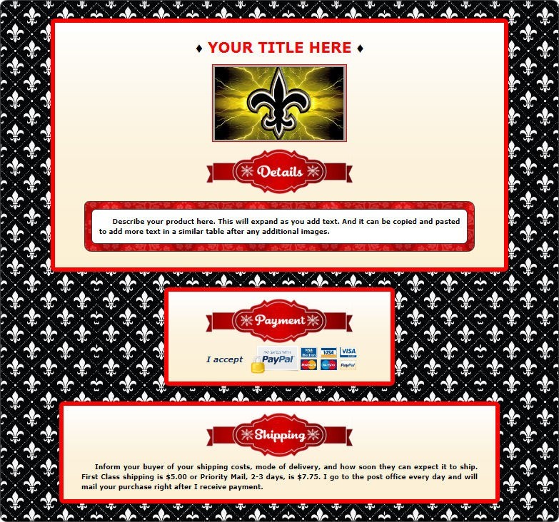 AUCTION TEMPLATE Black & White Fleur-de-lis Background Design - FREE Shipping