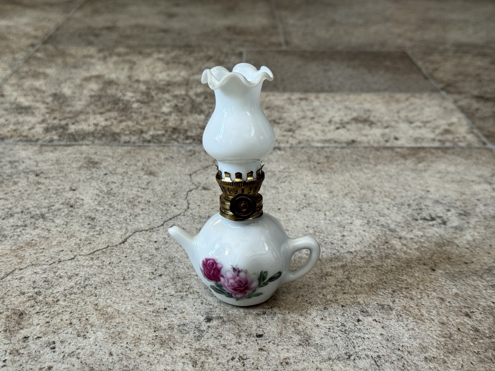 Vintage Mini Oil Lamp Teapot Style • Porcelain Rose Floral Lamp • Small Oil Lamp
