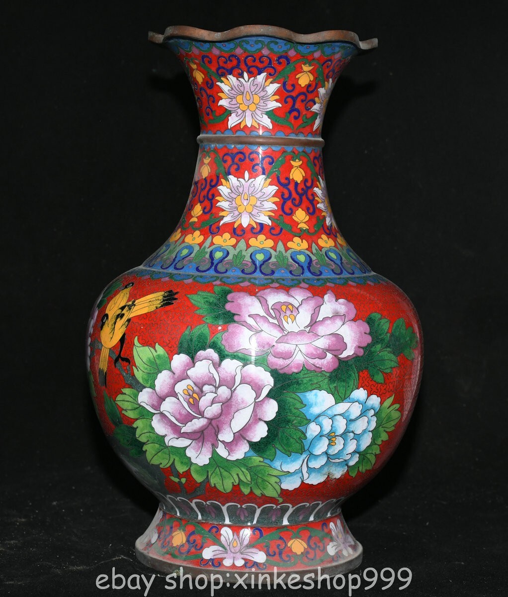 16" Marked Chinese Cloisonne Copper Enamel Dynasty Flower butterfly Vase Bottle