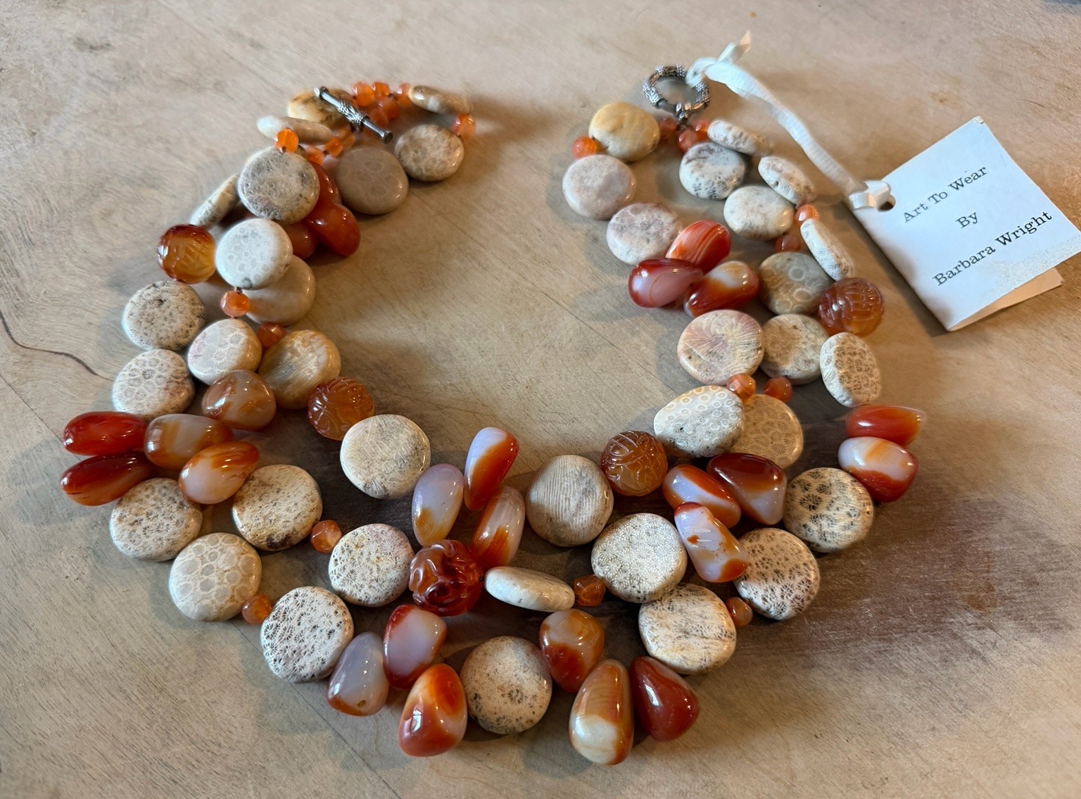 Barbara Wright Handcrafted Fossilized Coral, Carnelian Statement Art Necklace 