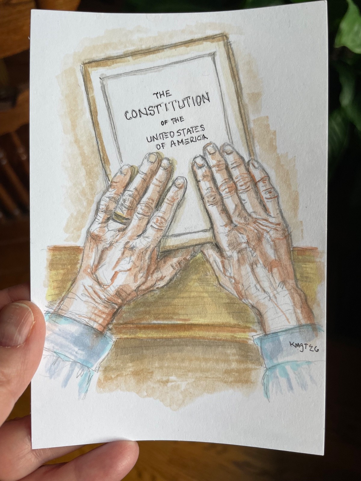 Original 4x6 Drawing – Hands Holding the Constitution – Mixed Media Art