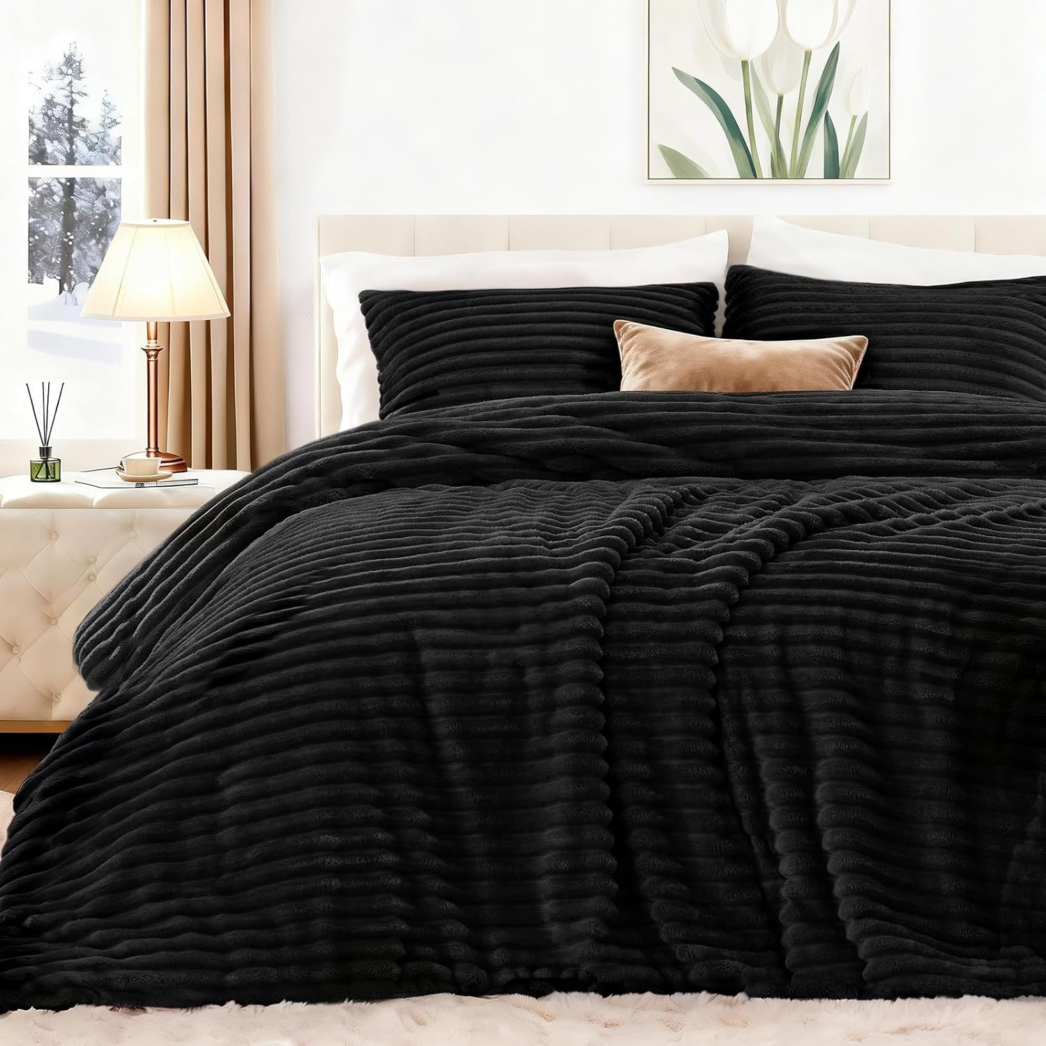 Fluffy Comforter Set Queen Size - Super Soft Faux Fur Stripe Jacquard Comforter 