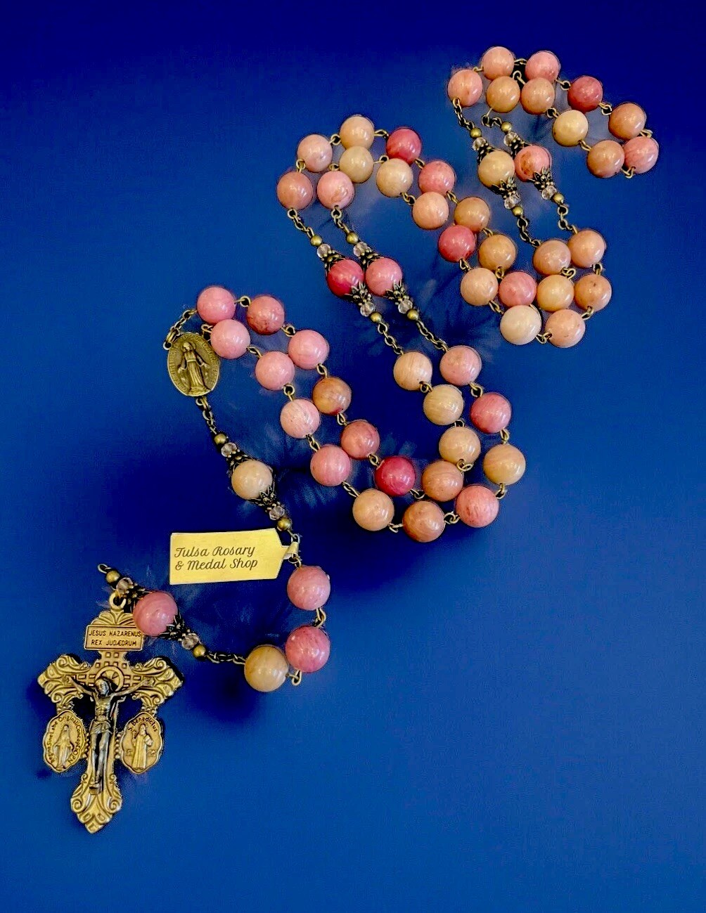 Semi Precious Genuine Red Rhodonite 10mm Stone 29”Rosary Bronze Pardon Crucifix