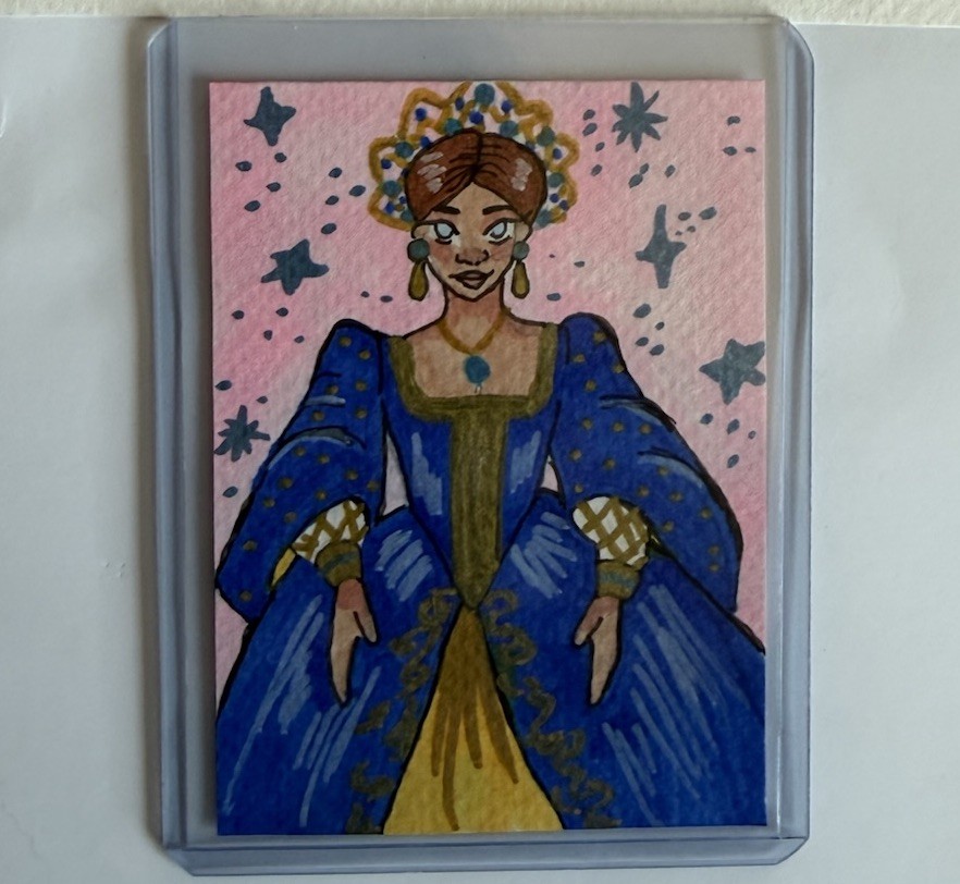 ACEO Art Card Original Copic Marker Blue Tudor 2.5in x 3.5in Caylin Bach