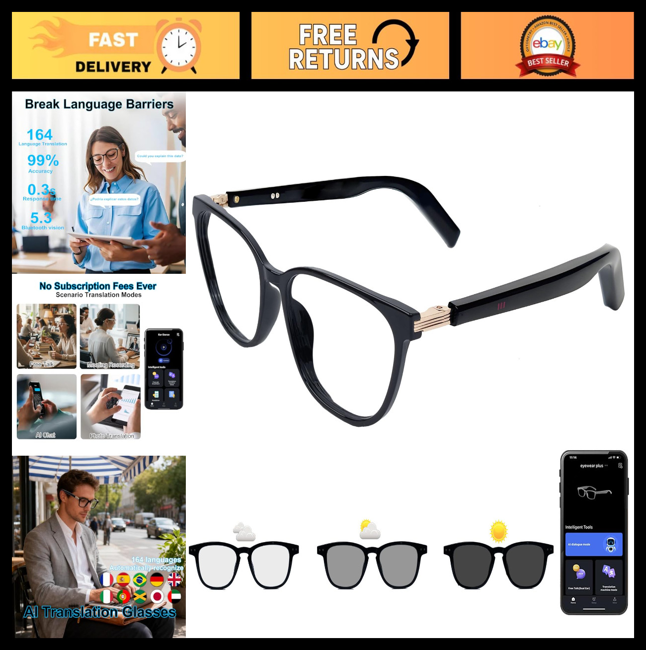 Smart Glasses with Photochromic Lenses, AI Translator 164 Languages, IP67 Waterp