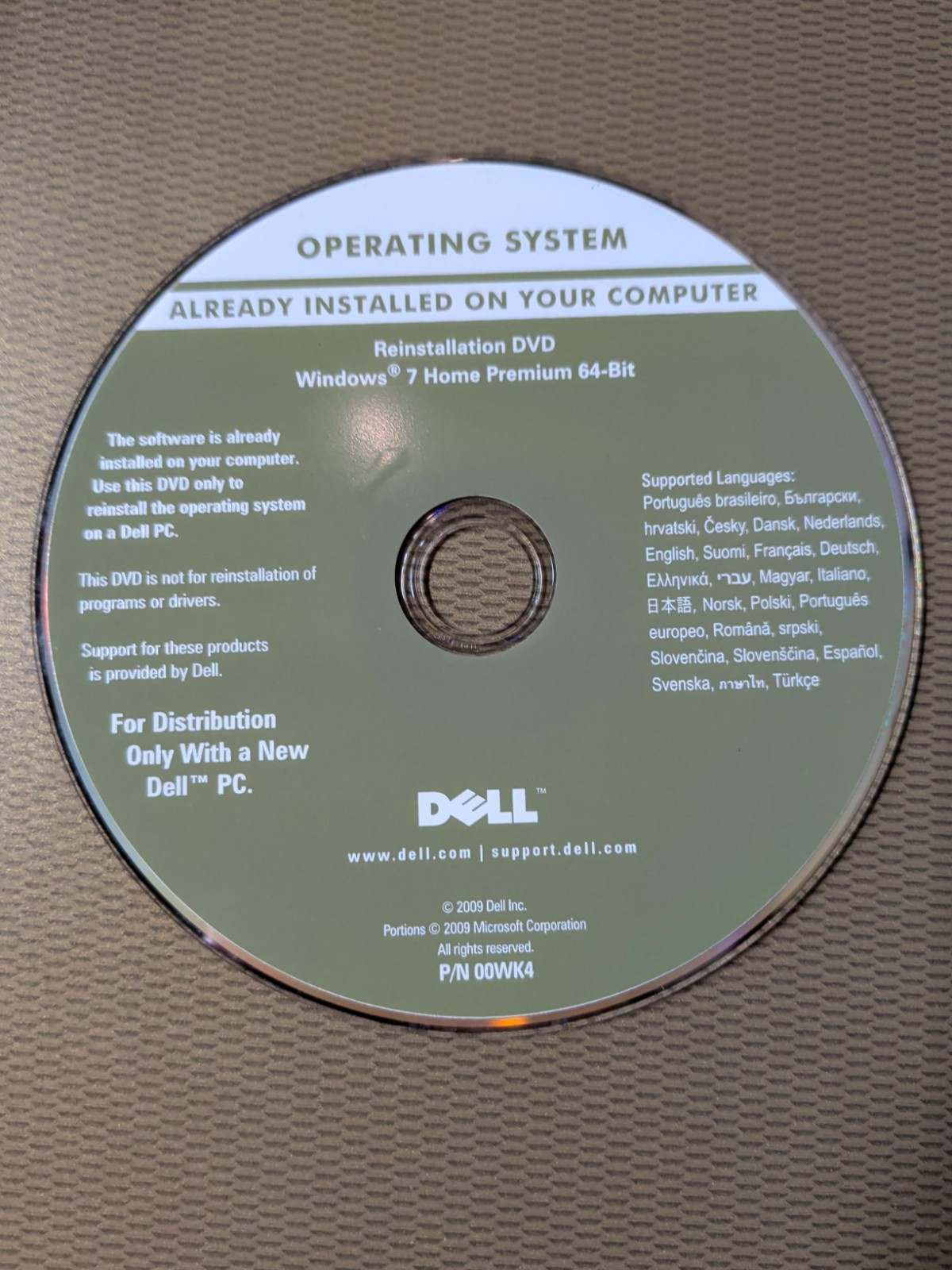 Dell Operating System Reinstallation DVD Windows 7 Home Premium 64-Bit 00WK4