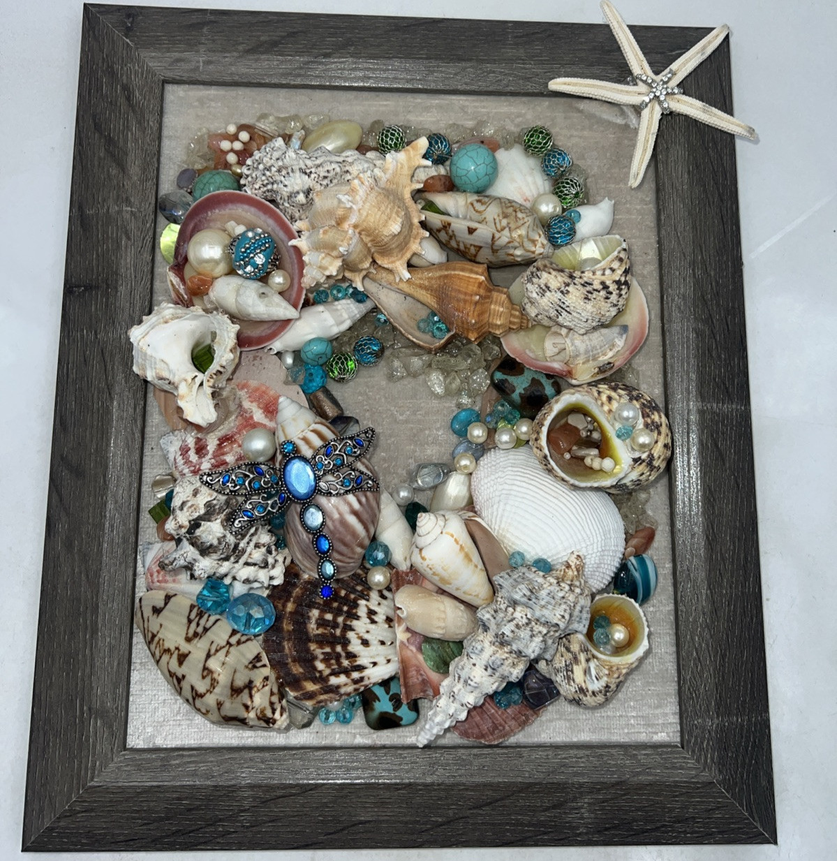 Seashell Art Framed Beach Shells Collage Turquoise Dragonfly Coastal Beach Decor