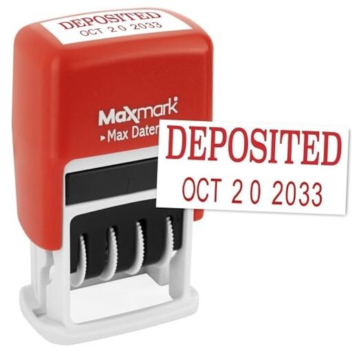  Self-Inking Rubber Date Office Stamp with Phrase & Date - RED DEPOSITED Red